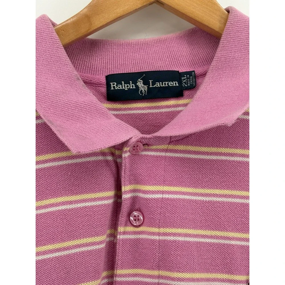 Ralph Lauren Polo Shirt Mens Pink Striped Embroidered Logo Short Sleeve‎ 2XL
